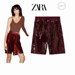 Zara burgundy holiday sequins high waist shorts size L